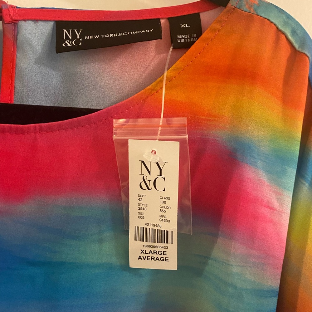 New York & Company Bright Multicolor Watercolor Short Sleeve Blouse - Picture 2 of 5